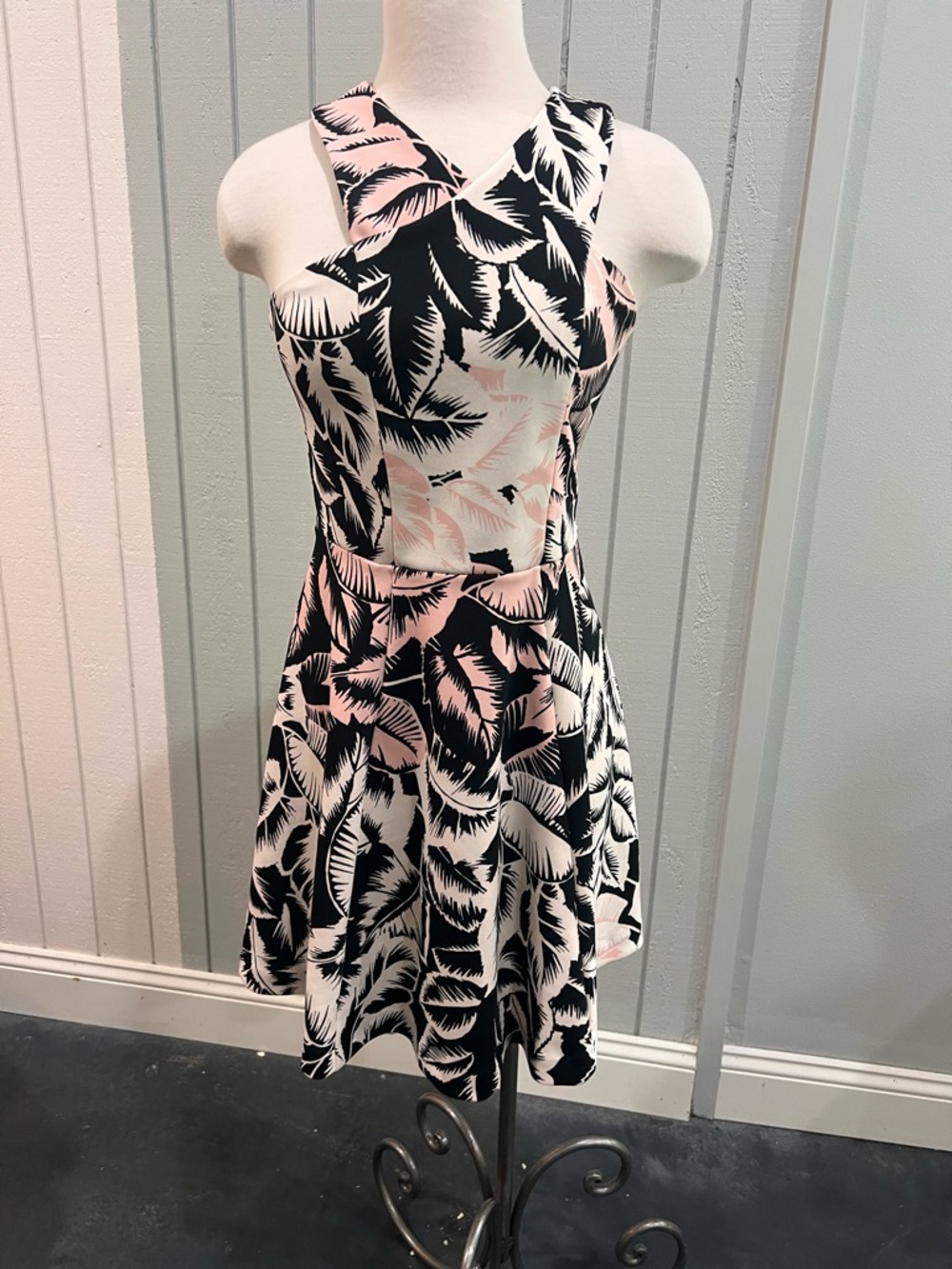 Express Black & Blush Palm-Print Cross-Front Mini Dress